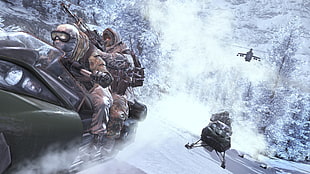 soldier riding on snowmobiles game portrait HD wallpaper