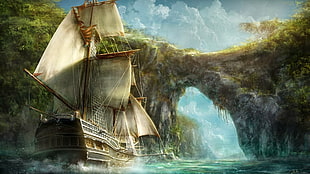white and brown sailing boat painting, fantasy art, ship, nature, sailing ship
