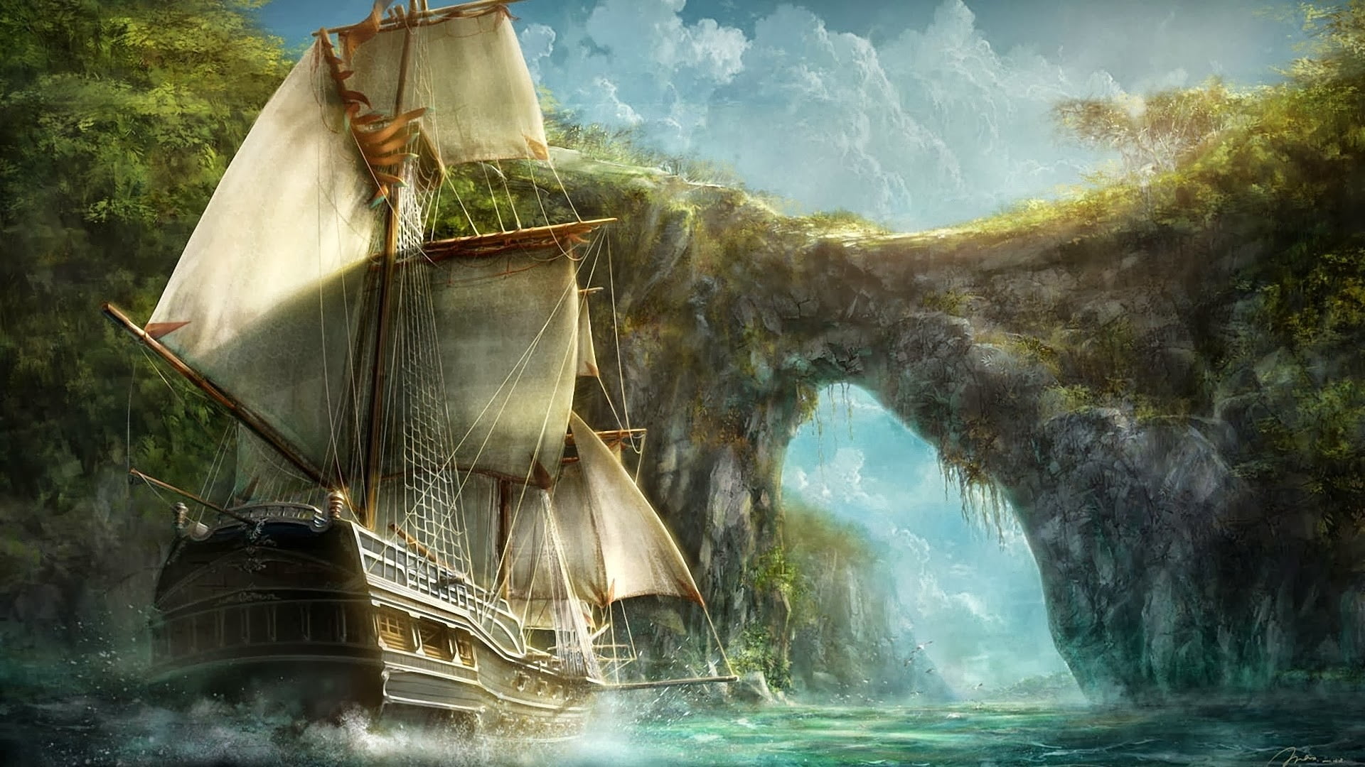 sailing boat painting, fantasy art