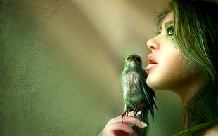 woman with green hair holding green bird