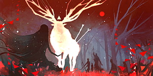 white, black, and red animal and tribe painting, Nano Mortis, deer, artwork HD wallpaper