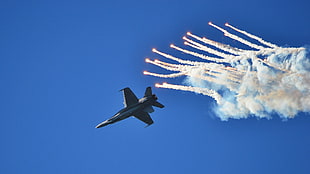 gray jet fighter, aircraft, military aircraft, McDonnell Douglas F/A-18 Hornet, flares