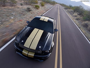 black and gold Ford Mustang GT coupe, Ford Mustang, muscle cars, American cars, car