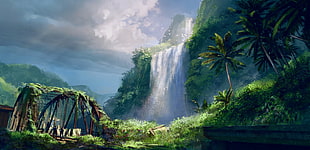 waterfalls painting, landscape, waterfall HD wallpaper