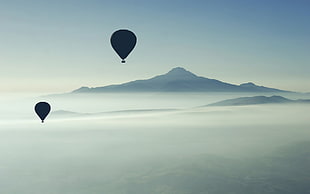two hot air balloons, balloon, hot air balloons, mist, mountains HD wallpaper