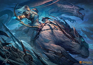 male archer character riding white animal, dragon, warrior, bow, creature