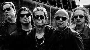 grayscale photo of five men with sunglasses