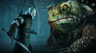 man holding sword in front of green frog monster illustration, The Witcher, The Witcher 3: Wild Hunt, Geralt of Rivia, DLC