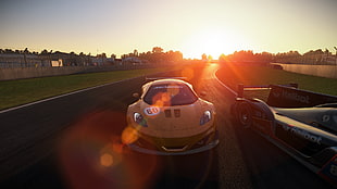 yellow coupe, Project cars, McLaren MP4-12C GT3, Le Mans, sunset HD wallpaper