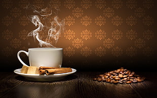illustration of white coffee mug in saucer HD wallpaper