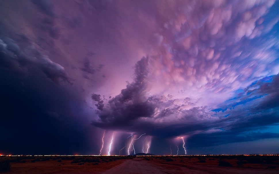 pink lightning illustration, clouds, storm, sky, landscape HD wallpaper