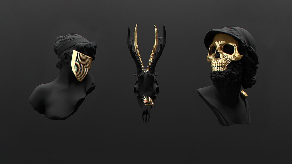 three assorted black-and-gold sculptures, skull, gold HD wallpaper