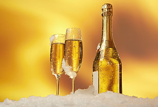 wine bottle with two champagne flute top of ice crushed ice