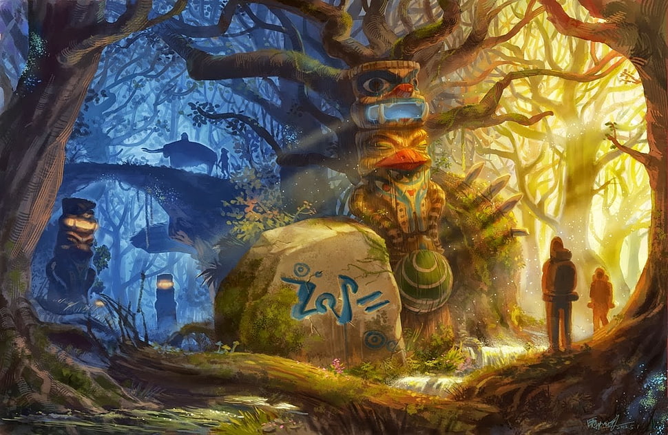 multicolored totem wallpaper, fantasy art, forest, artwork, totem HD wallpaper