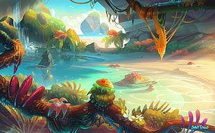 body of water illustration, illustration, fantasy art, sunset, bonsai HD wallpaper