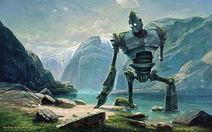 metal robot on the river digital wallpaper