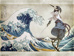 anime character illustration, Naruto Shippuuden, Uchiha Sasuke, The Great Wave off Kanagawa HD wallpaper
