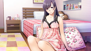 female anime character with grey hair wearing pink tank dress
