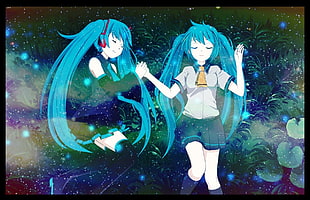 two blue-haired female anime characters digital wallpaper, anime, Hatsune Miku, Vocaloid, twintails