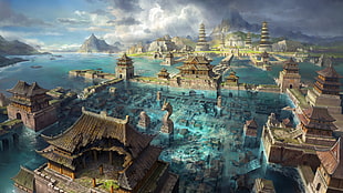 Asia, town, flood, panorama