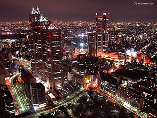 aerial view of city skyline under black sky during nighttime, cityscape, city, night, lights