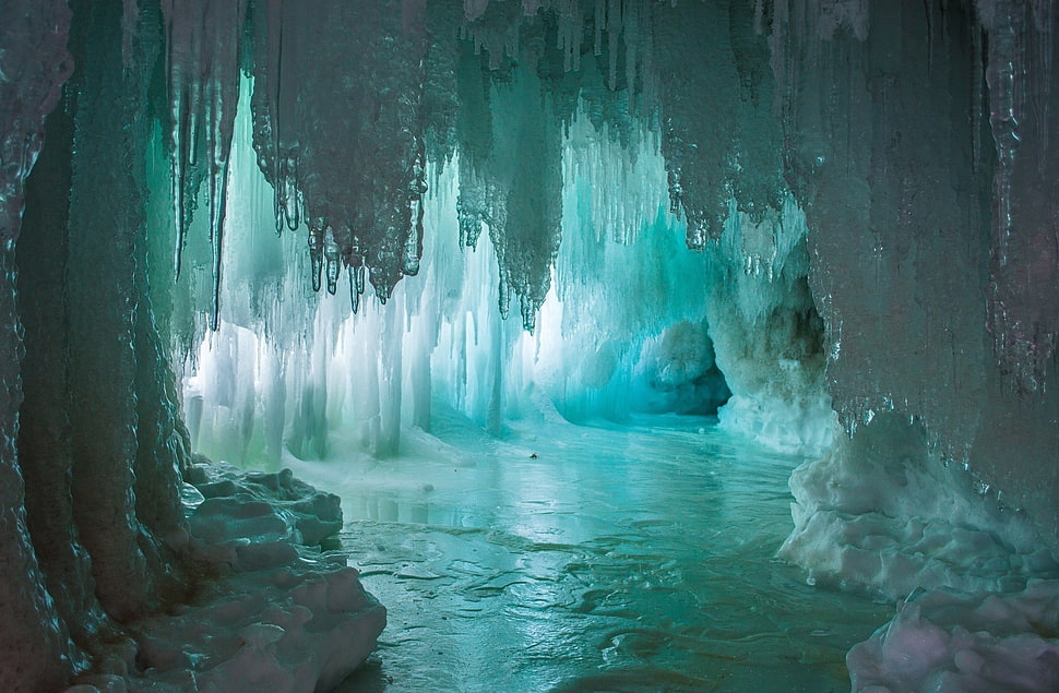 frozen cave, nature, cave, sunlight, ice HD wallpaper