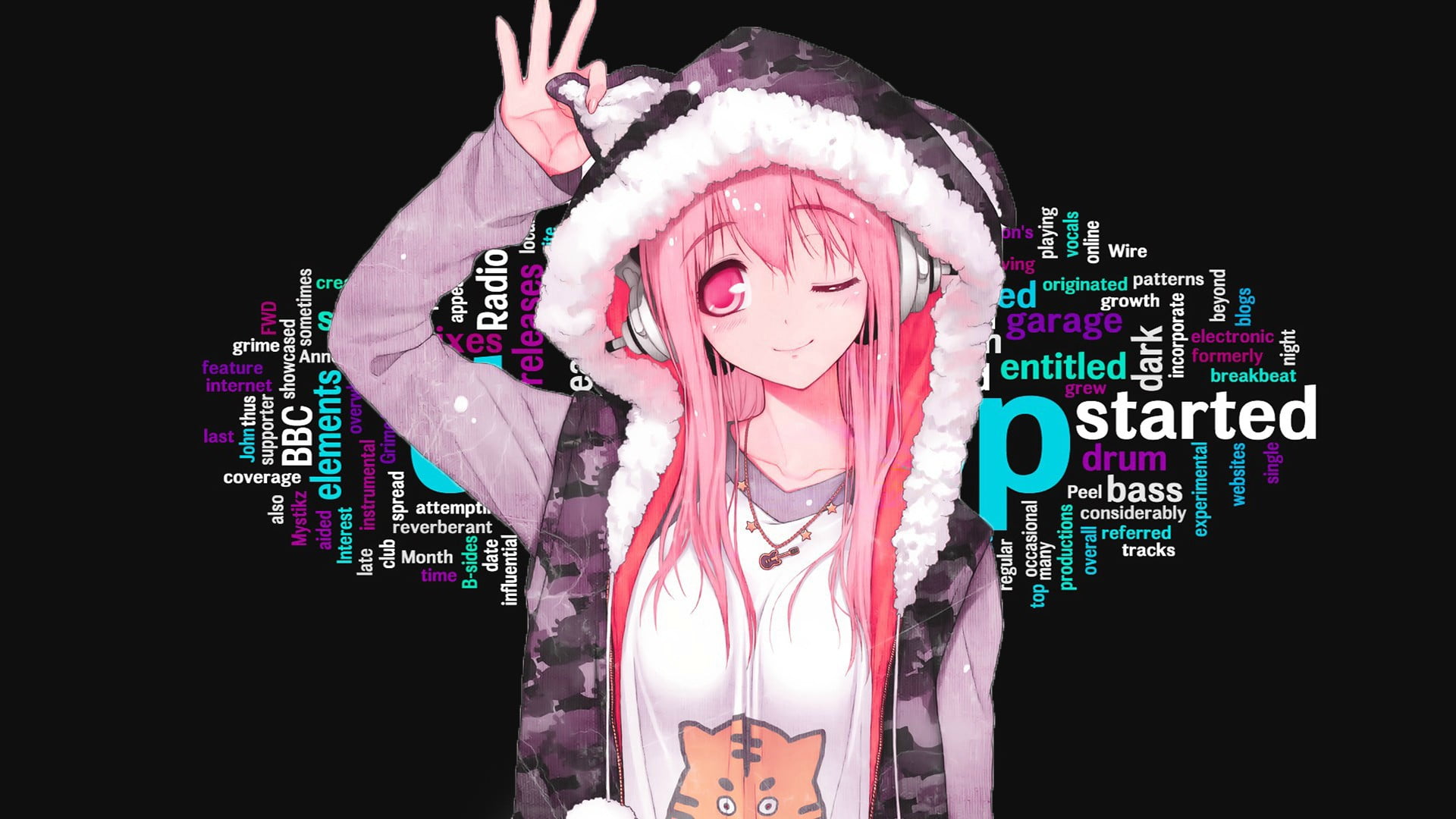 pink haired female wearing purple hoodie anime character illustration