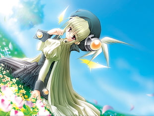 green haired anime girl on garden during daytime