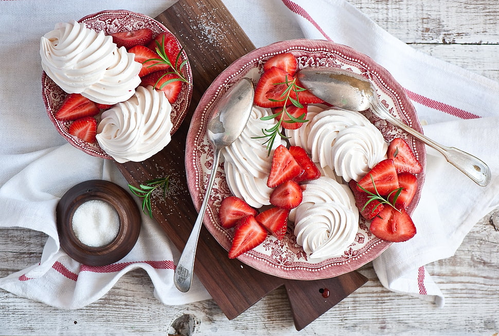 strawberry with whip cream in round red ceramic bowl HD wallpaper