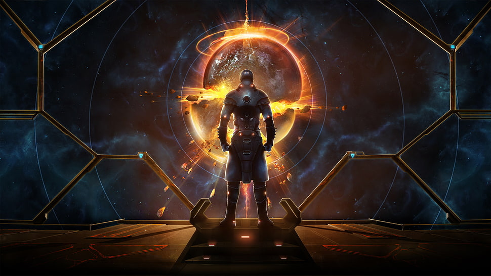 man with armor in the space ship near the sun HD wallpaper