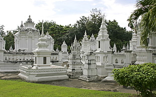 white concrete temple surrounded with green leaf trees