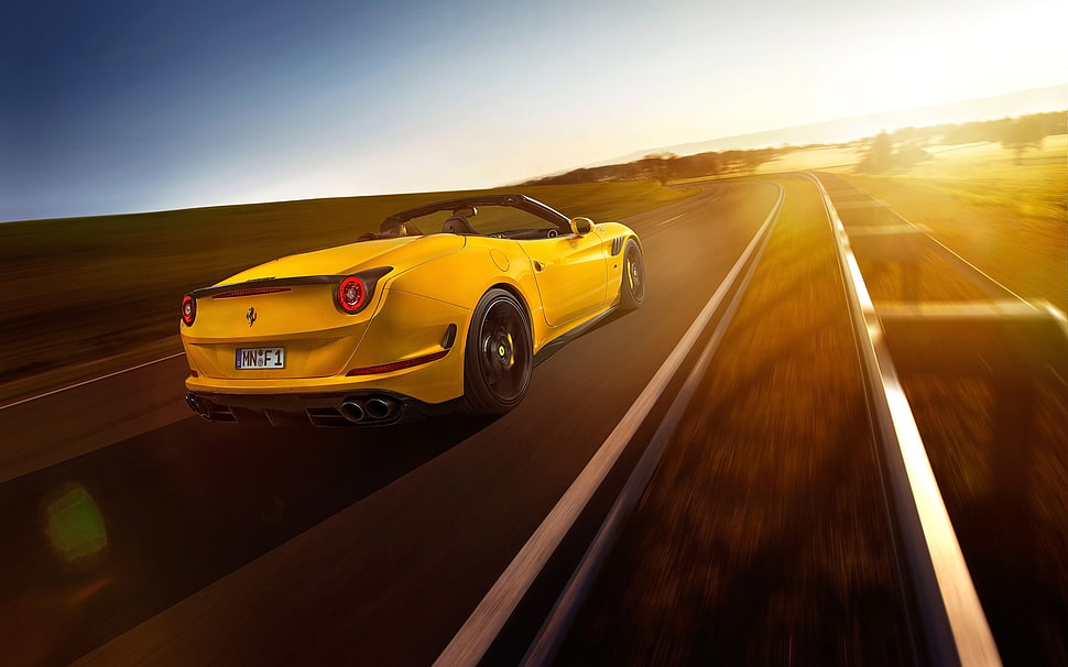 yellow convertible coupe, Ferrari California T, Novitec Rosso, car, road HD wallpaper