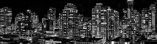 grayscale photo of high rise building, skyline, cityscape, night, monochrome