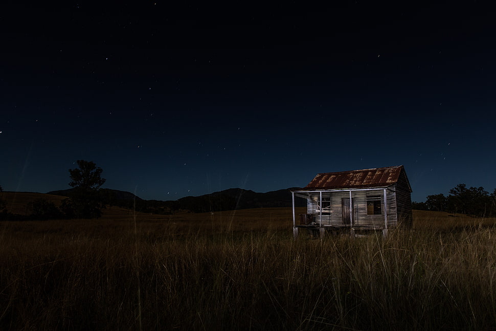 brown wooden house, night sky, farm, nature, landscape HD wallpaper