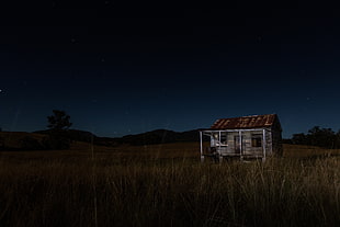 brown wooden house, night sky, farm, nature, landscape