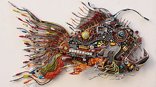 assorted-color wires and computer parts shaped into fish decor