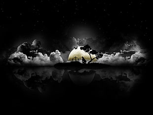 cross near trees under moon photo, fantasy art, selective coloring, dark, reflection