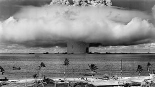 palm trees, nuclear, bombs, beach, Bikini Atoll HD wallpaper