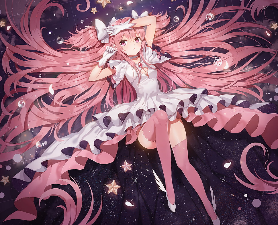 pink haired female anime character, Mahou Shoujo Madoka Magica, Kaname Madoka, stars, thigh-highs HD wallpaper