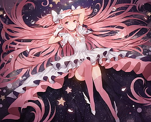 pink haired female anime character, Mahou Shoujo Madoka Magica, Kaname Madoka, stars, thigh-highs