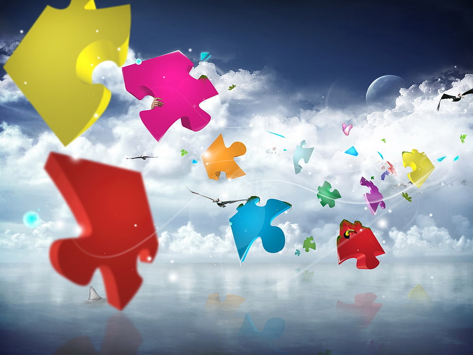 floating puzzle poster HD wallpaper