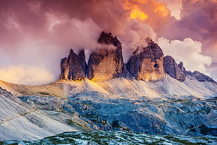 brown rocky mountain, mountains, clouds HD wallpaper