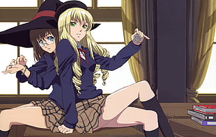 two girl with blue long sleeve uniform anime characters