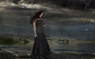 woman in black dress holding umbrella painting HD wallpaper