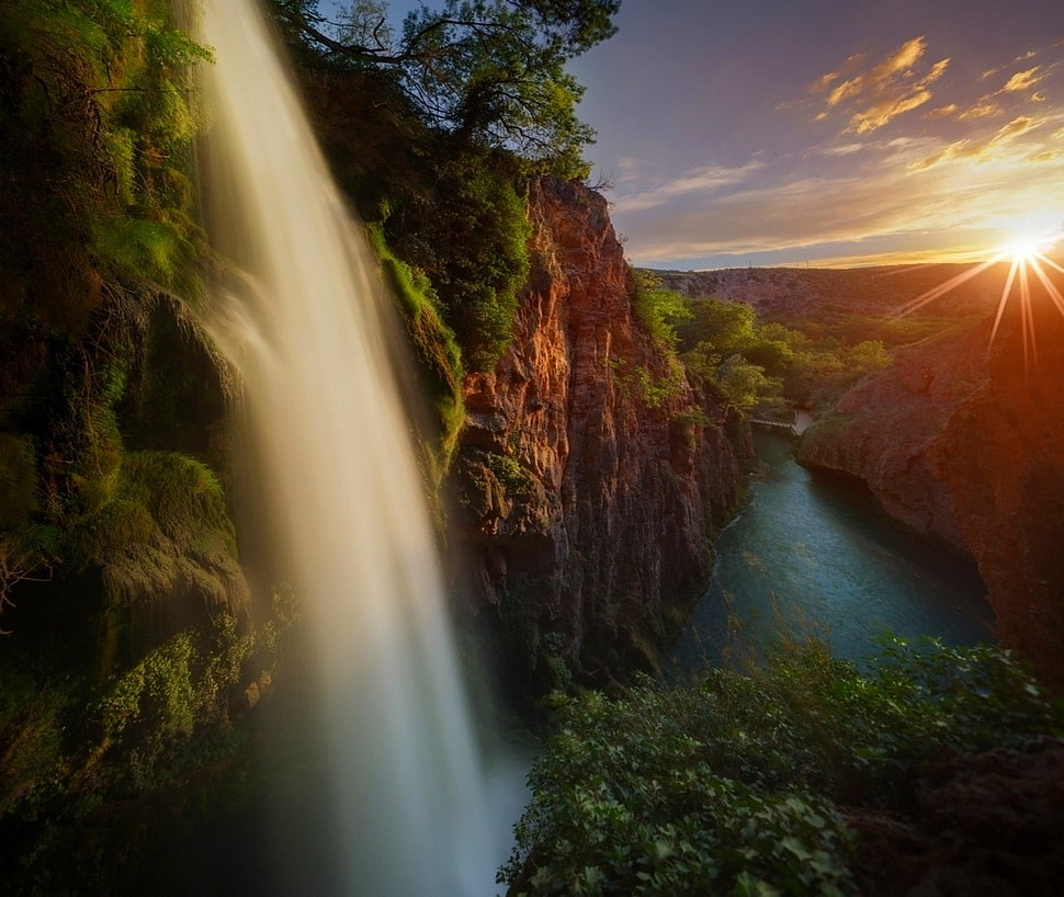 waterfalls, waterfall, river, canyon, trees HD wallpaper