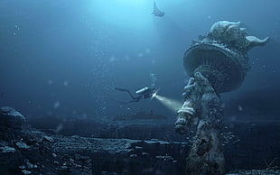 scuba diver on Liberty statue on deep ocean photo, underwater, Statue of Liberty, futuristic, digital art