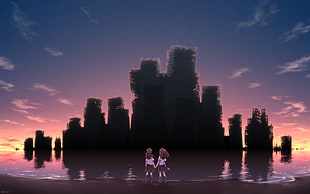 anime illustration, sea, sunset, beach, ruin