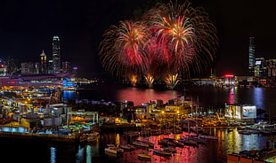 gray buildings, Hong Kong, Victoria Harbour, fireworks, pier