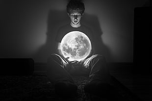 grayscale photo of man, Moon