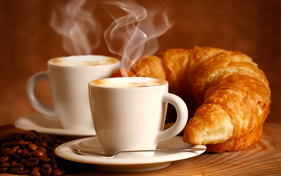 two ceramic cups with bread and spoon HD wallpaper